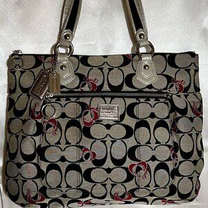 COACH Poppy Signature (Large) Signature Glam Tote w/Red Hearts